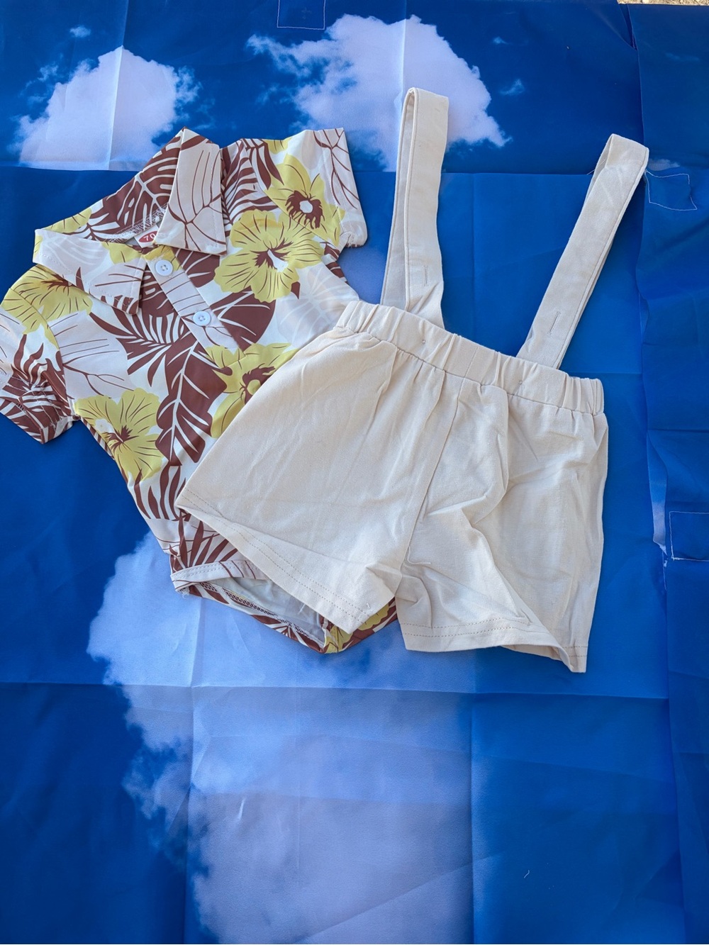 Cream Suspender Shorts with Yellow & Brown Floral Bodysuit - Girls Bottoms 12 M